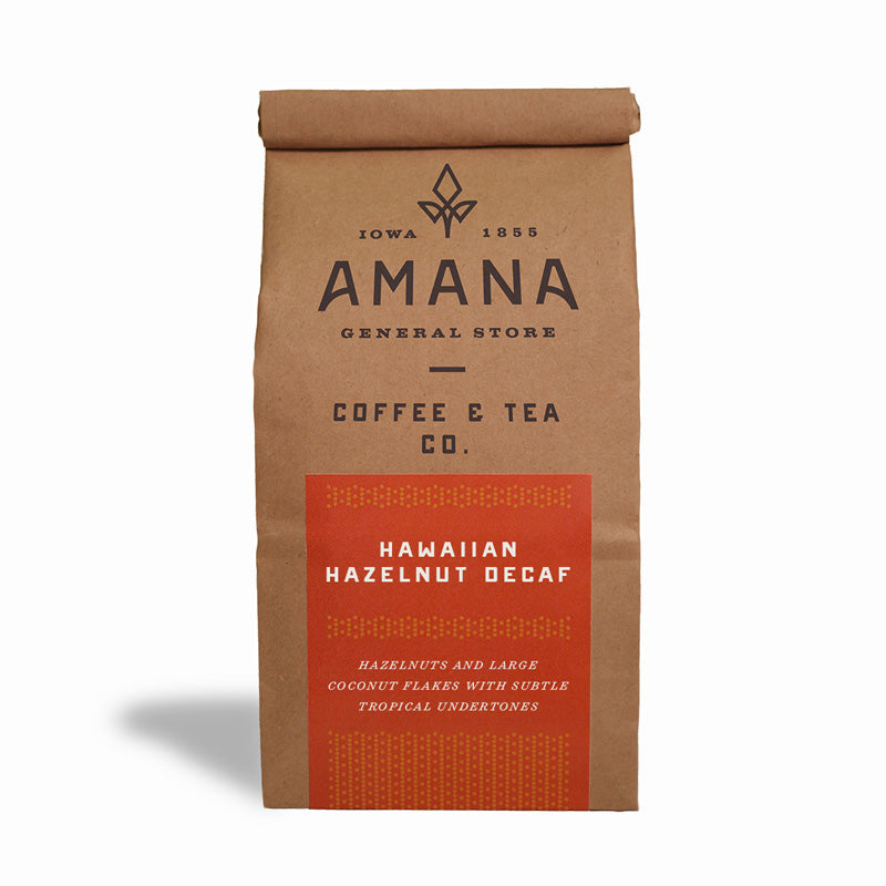 bag of amana hawaiian hazelnut decaf coffee