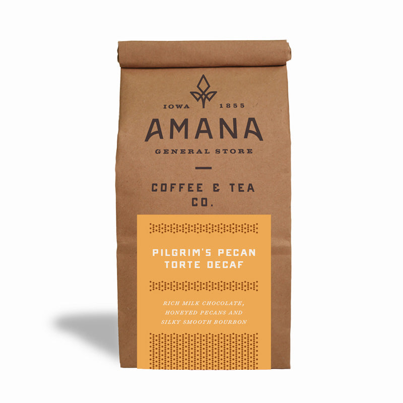bag of amana pilgrims pecan decaf coffee
